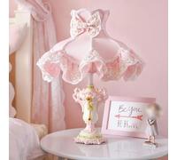 European Style Pink Table Lamps Victorian Desk Lamp American Retro Handmade Fabric Lampshade with Resin Lamp Body Bedside Lamp for Girl's Bedroom Office Living Room