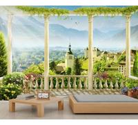 European Style Roman Column Wallpaper Beautiful Country Landscape Girl Wallpaper Old Church in A Mountain Town Wall Paper Mural Blue Sky White Clouds Wall Paper for Living Room Bedroom Mural Poster