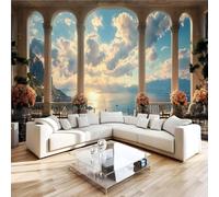 European Style Sea View Archway 3D Photo Wallpaper Non-Woven Wall Mural Sunset Wall Mural Decoration Poste Premium Wallpaper Wall Art for Living Room Bedroom W250xH175 11yf386