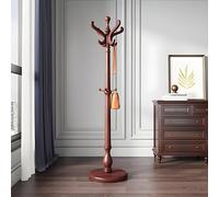 European Style Solid Wood Coat Rack,Freestanding Coat Tree with Stable Round Base,Vintage Heavy Duty Coat Hanger Stand for Bedroom, Office, Entryway(Round Base, Red-Brown)