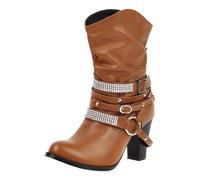 European Style Women's Mid Calf Boots with Thick High Heel and Decorative Belt Buckle Design for Fashionable Comfort (Brown, 6.5)