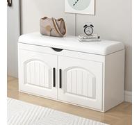 European Style Wooden Shoe Storage Bench with Flip Top Lid 2 Tier Shoe for Entryway and Living Room Dimensions: 120 x 32 x 42 cm.