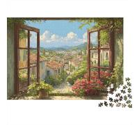 European Village View 1000 Piece Jigsaw Puzzle Scenic Valley from Open Window for Adults Educational Game Beautiful Decoration Difficult Challenging Birthday Gifts 52x38cm