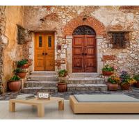 European Vintage Courtyard Mural Rustic Wooden Doors Wallpaper Romantic Mediterranean Style Mural Stone Architecture Wall Decor for Living Room Bedroom 390 x 260 cm