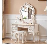 European Vintage Makeup Vanity Set with Lighted Mirror & Soft Stool - Chic Dressing Table for Bedroom & Makeup Room Decor Elegant Beauty Station Furniture
