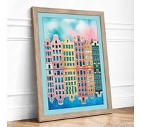 European Waterside Houses Retro Framed Wall Art Print A2 (59.4×42cm) Oak, Wall Decor for Living Room, Bedroom, Office & Home, Ready to Hang, Art Gift