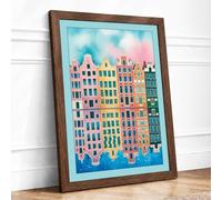 European Waterside Houses Retro Framed Wall Art Print A2 (59.4×42cm) Walnut, Wall Decor for Living Room, Bedroom, Office & Home, Ready to Hang, Art Gift