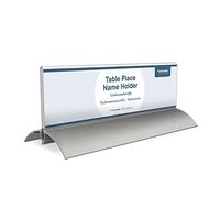 Europel Table Place Name Holder, 61 x 210 mm, Clear Acrylic Construction, Double Sided Sign Holder, Name Display for Conferences, Meetings, Receptions, Free-Standing Design with Aluminium Base