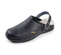 EuroRoutier Work Slipper, Leather Clogs with Adjustable Swivel Strap and Metal Buckle, Black, 44 EU