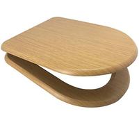 Euroshowers MDF White OR MDF Oak Wood Soft Close Toilet Seat with Top Fix/Blind Hole Fittings and Two Button Quick Release Hinges (D Shape Oak)