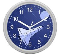 Eurotime Boys Wall Clock with Rocket Space Shuttle Silver Quartz Wall Clock 25 cm Plastic Case and Plastic Glass 12 Digits Dial Silent Clock Non Ticking 82135-07