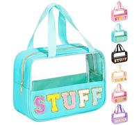 eurovicky Chenille Letter Patch Clear Makeup Bag, Preppy Nylon Makeup Bag with Handle and Zipper, Waterproof Large Clear Travel Toiletry Bag Storage Bag for Women, Mint Green-STUFF, Carry-on 11.4inch,