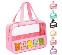 eurovicky Chenille Letter Patch Clear Makeup Bag, Preppy Nylon Makeup Bag with Handle and Zipper, Waterproof Large Clear Travel Toiletry Bag Storage Bag for Women, Sweet Pink-BEACH, Carry-on 11.4inch,