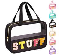 Eurovicky Chenille Letter Patch Clear PVC Nylon Makeup Bag with Zipper Pouch and Handle, Waterproof Travel Toiletry Art Bag, Cute Preppy Multipurpose Cosmetic Bag Snack Bag, Carry-on 11.4inch, Preppy