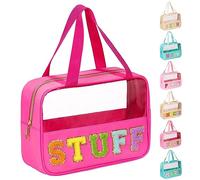 Eurovicky Chenille Letter Pouch Clear PVC Makeup Bag with Handle and Zipper, Large Travel Toiletry Bag Waterproof Nylon Makeup Storage Bag, Clear Pouch Tote Bag for Women , Vibrant Rosered-STUFF,