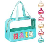 Eurovicky Chenille Letter Pouch Clear PVC Makeup Bag with Handle and Zipper, Large Travel Toiletry Bag Waterproof Nylon Makeup Storage Bag, Clear Pouch Tote Bag for Women , Mint Green-HAIR, Carry-on