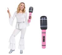 EUROVISION OUTFIT SIZE SMALL - 70s INSPIRED DISCO COSTUME FOR WOMEN WITH NEON PINK INFLATABLE MICROPHONE PROP - PERFECT EUROVISION PARTY SET FOR SINGING AND DRESS-UP FUN