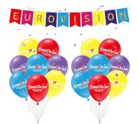 Eurovision Party Decorations 2026, Eurovision Song Contest Decorations with 16 Pcs Balloons & 1Pc Banner Flag, Eurovision Party Supplies for Garden Bar Restaurant