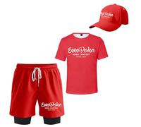 Eurovision Tshirt Shorts Cap 3 Pieces Sets Song Contest 2025 Short Sleeve Fashion Shorts Hat (3XL,Red)