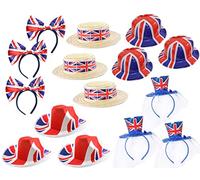 Eurovision Union Jack Hat Set - 8pc Set - Union Jack Bow Headband, Boaters, Cowboy Hats, Bowlers - King's Street Party Fancy Dress Accessorys VE DAY COMMONWEALTH