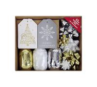 Eurowrap 15 Piece Metallics Christmas Tag, Ribbon & Bow Gift Wrapping Accessory Set - Silver, White & Gold Festive Decoration Kit