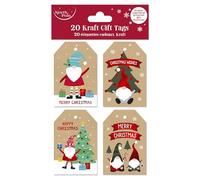 Eurowrap 20 Christmas Gonk Kraft Gift Tags - 4 Assorted Festive Designs - 100% Recycled Brown Kraft - Pre-Strung with Natural Raffia - 6 x 9 cm
