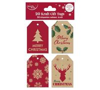 Eurowrap 20 Christmas Kraft Gift Tags - 4 Assorted Festive Designs - 100% Recycled Brown Kraft - Pre-Strung with Natural Raffia - 6 x 9 cm