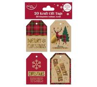 Eurowrap 20 Christmas Tartan Kraft Gift Tags - 4 Assorted Festive Designs - 100% Recycled Brown Kraft - Pre-Strung with Natural Raffia - 6 x 9 cm