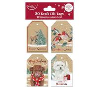 Eurowrap 20 Christmas Traditional Kraft Gift Tags - 4 Assorted Festive Designs - 100% Recycled Brown Kraft with Foil - Pre-Strung with Natural Raffia - 6 x 9 cm