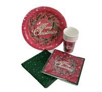 Eurowrap 25 Piece Christmas Tableware Set - Red Paper Plates, Cups, Napkins & Wipe-Clean Tablecloth - Festive Tableware for Seasonal Parties & Family Dinners