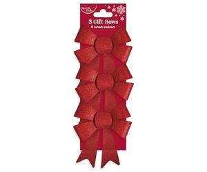 Eurowrap 3 Pack Red Present Bows - Glitter Gift Wrap Bows with Loops and Tails - 11cm Width - Perfect for Christmas, Birthdays & Special Occasions