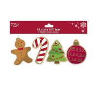 Eurowrap 8 Christmas Gingerbread Cookie Gift Tags - 4 Festive Die-Cut Designs - Pre-Strung with Red & White Bakers Twine - 7 x 16 cm