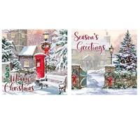 Eurowrap Assorted Christmas Cards Xmas Winter Village, 2 Designs Merry Christmas and Seasons Greetings - Pack of 12