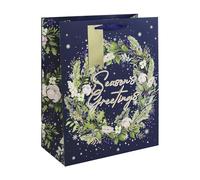 Eurowrap Blue Christmas Seasons Greetings Gift Bag with Gold Gift Tag Xmas Gift Wrap Wreath Large