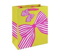 Eurowrap Bow Print Large Gift Bag - Yellow Present Bag with Pink Striped Bows, Spot UV Finish & Grosgrain Ribbon Handles - Gift Packaging for Birthdays & Celebrations