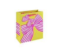 Eurowrap Bow Print Medium Gift Bag - Yellow Present Bag with Pink Striped Bows, Spot UV Finish & Grosgrain Ribbon Handles - Gift Packaging for Birthdays & Celebrations