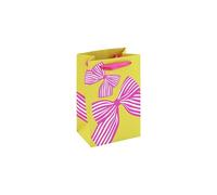 Eurowrap Bow Print Small Gift Bag - Yellow Present Bag with Pink Striped Bows, Spot UV Finish & Grosgrain Ribbon Handles - Gift Packaging for Birthdays & Celebrations