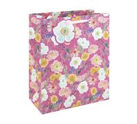 Eurowrap Bright Floral Large Gift Bag - Bold Pink Present Bag with Colourful Flowers, Yellow Inside Print, Silk Handles & Tag - Gift Bag for Girls, Women, Birthday, Mother’s Day & Valentine’s Day