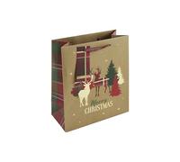Eurowrap Brown Kraft Paper Merry Christmas Tartan Stag Design Gift Bag with Gift Tag - Medium - Eco Friendly Fully Recyclable - Gift Bag for Christmas, Gift Wrap, Xmas, Festive Gift Bag