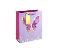 Eurowrap Butterfly Medium Gift Bags Pack of 3 - Just For You Present Bags with Pink & Purple Butterfly Design, Gold Foil & Paper Woven Handles - Gift Bags for Girls, Women, Birthday & Valentine’s Day
