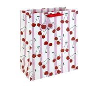 Eurowrap Cherry Stripe Large Gift Bag - Red Cherry Present Bag with Pink & White Stripes, Spot UV Finish & Ribbon Handles - Gift Bag for Girls, Women, Birthday, Mother’s Day & Valentine’s Day