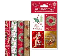 Eurowrap Christmas 4 x 4m Rolls of Traditional Gift Wrap & 20 Foil Gift Tags Bundle - 4 Roll Designs & 4 Tag Designs - Santa, Wreath, Sleigh & Holly