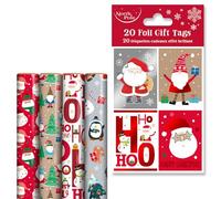 Eurowrap Christmas Cute Festive Gift Wrap and Tags Bundle - 4 x 4m of Wrapping Paper & 20 Matching Foil Gift Tags - Santa, Gonk, Ho Ho Ho & Characters - Perfect for Holiday Presents