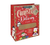 Eurowrap Christmas Delivery Large Gift Bag with Personalised Stickers - Festive Santa & Penguin Design - Green Ribbon Handle - Recyclable Paper Bag for Xmas Presents