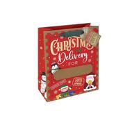 Eurowrap Christmas Delivery Medium Gift Bag with Personalised Stickers - Festive Santa & Penguin Design - Green Ribbon Handle - Recyclable Paper Bag for Xmas Presents