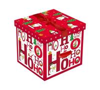 Eurowrap Christmas Ho Ho Ho Gift Box - Large 28cm Red & White Festive Present Box with Lid, Ribbon & Handles - Reusable Hamper or Storage Box for Holiday Gifts