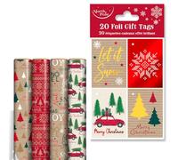 Eurowrap Christmas Wrapping Paper & Foil Gift Tags Bundle - 4 x 4m Rolls of Festive Kraft & Red Wrap with Matching 20 Foil Tags - Xmas Trees, Snowflakes, Car & Let It Snow Designs