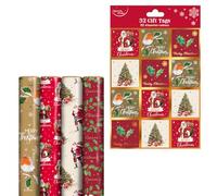 Eurowrap Christmas Wrapping Paper & Gift Tag Bundle - 4 x 7m Rolls with 32 Matching Gift Tags Traditional Design - Santa, Holly, Christmas Tree & Wreath - Festive Recyclable Gift Wrap