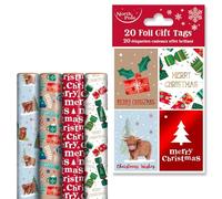 Eurowrap Christmas Wrapping Paper & Gift Tag Bundle - 4 x7m Festive Roll Designs & 20 Matching Foil Gift Tags - Highland Cow, Crackers, Christmas Trees & Holiday Prints