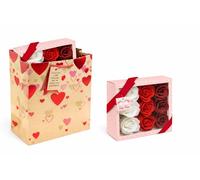 Eurowrap Falling Hearts Valentines Day Brown Kraft Paper Gift Bag and 9 Pack of Soap Roses Bundle - 100% Recycled Paper Bag, Gift For Her, At Home Spa Day, Love, Flowers